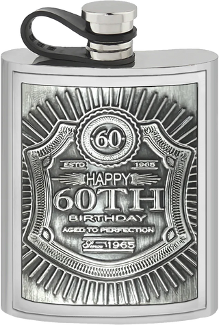 Birthday collection 6oz embossed flask 60th birthday pewter badge f/c - United Cellars